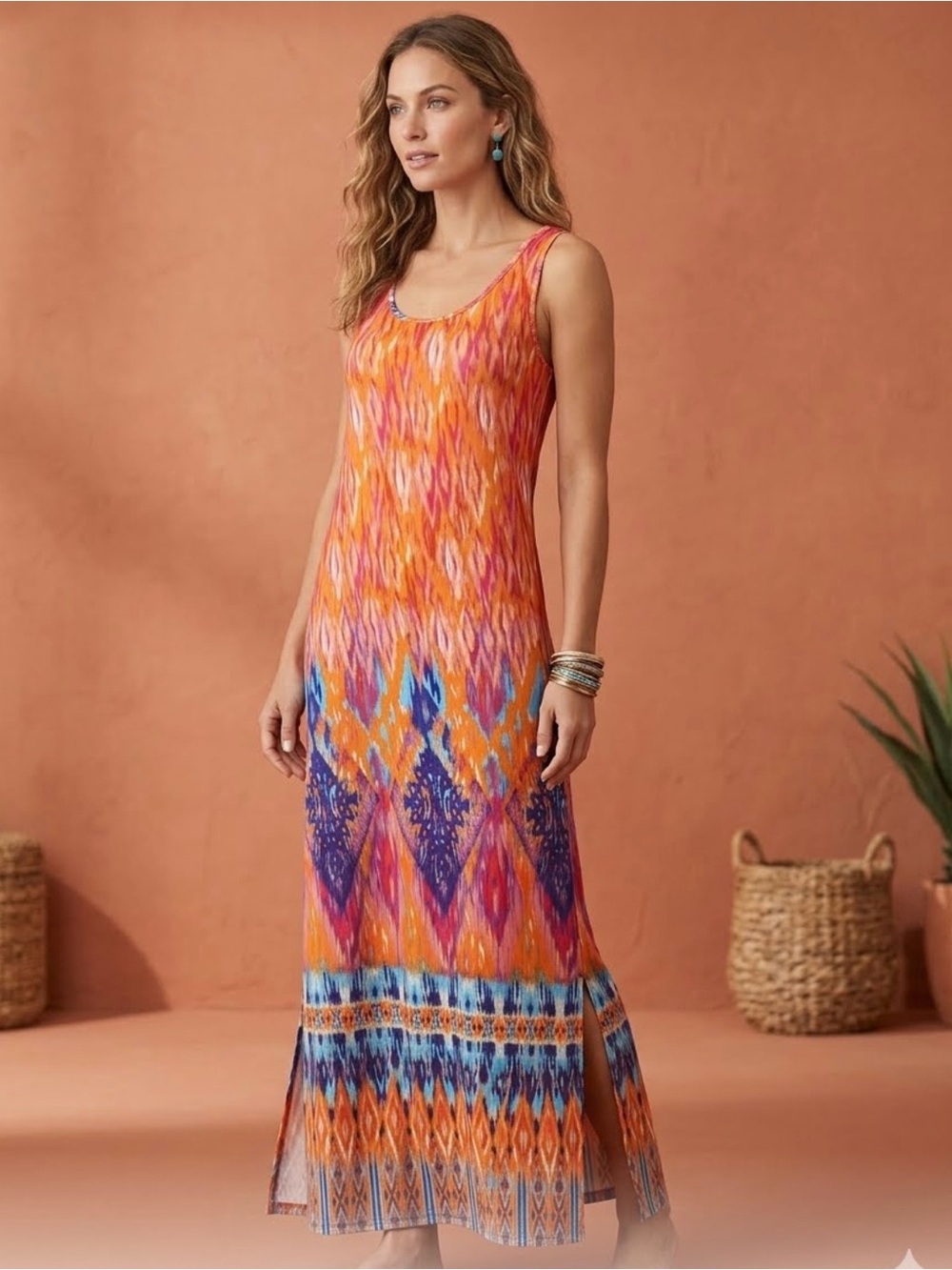 Kim Rogers Orange Multicolor Ikat Maxi dress